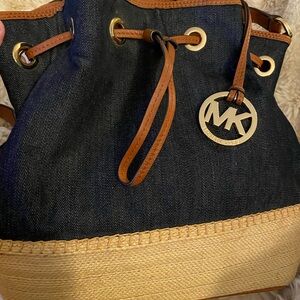 Michael Kors Blue Denim and Tan Burlap Shoulder Bag with Gold Accents